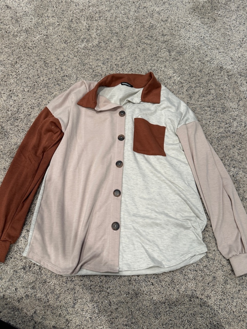 HEIMISH USA Two-Tone Button Front Top in Rust, Taupe, and Light Gray
